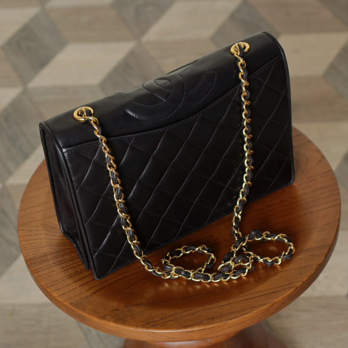 Chanel Vintage Black Lambskin Matelasse Diamond Quilted CC mark Flap Bag