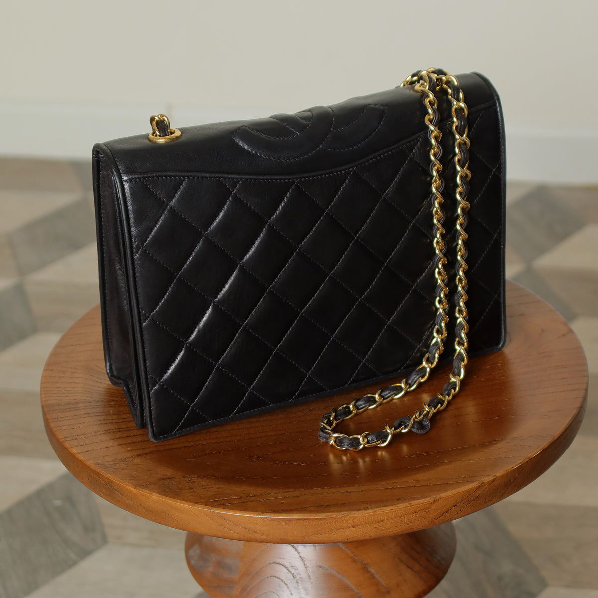 Chanel Vintage Black Lambskin Matelasse Diamond Quilted CC mark Flap Bag