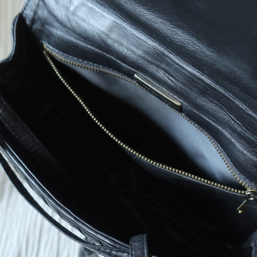 Bottega Veneta Vintage Black Intrecciato Weave Pochette Crossbody Flap Bag