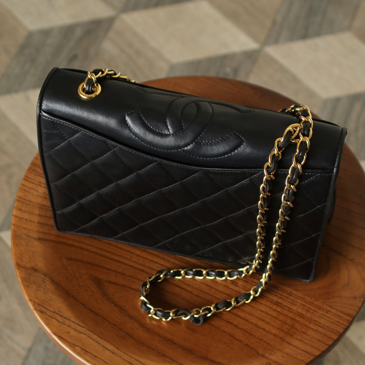 Chanel Vintage Black Lambskin Matelasse Diamond Quilted CC mark Flap Bag