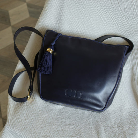 Christian Dior Vintage Navy Fringe Charm CD logo Leather Crossbody Sling Bag