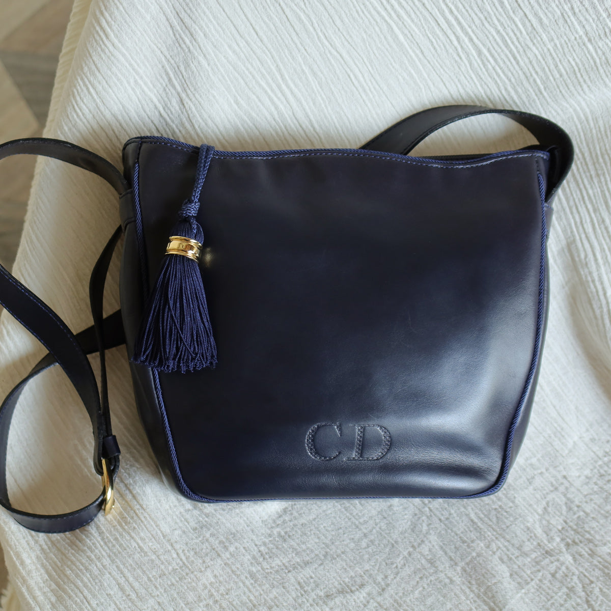 Christian Dior Vintage Navy Fringe Charm CD logo Leather Crossbody Sling Bag