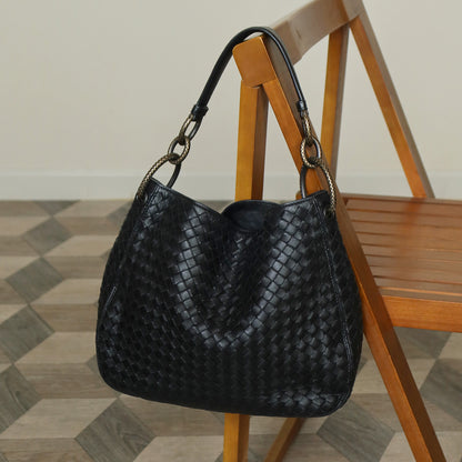 Bottega Veneta Vintage Black Nappa Intrecciato Loop Rings Hobo Shoulder Bag