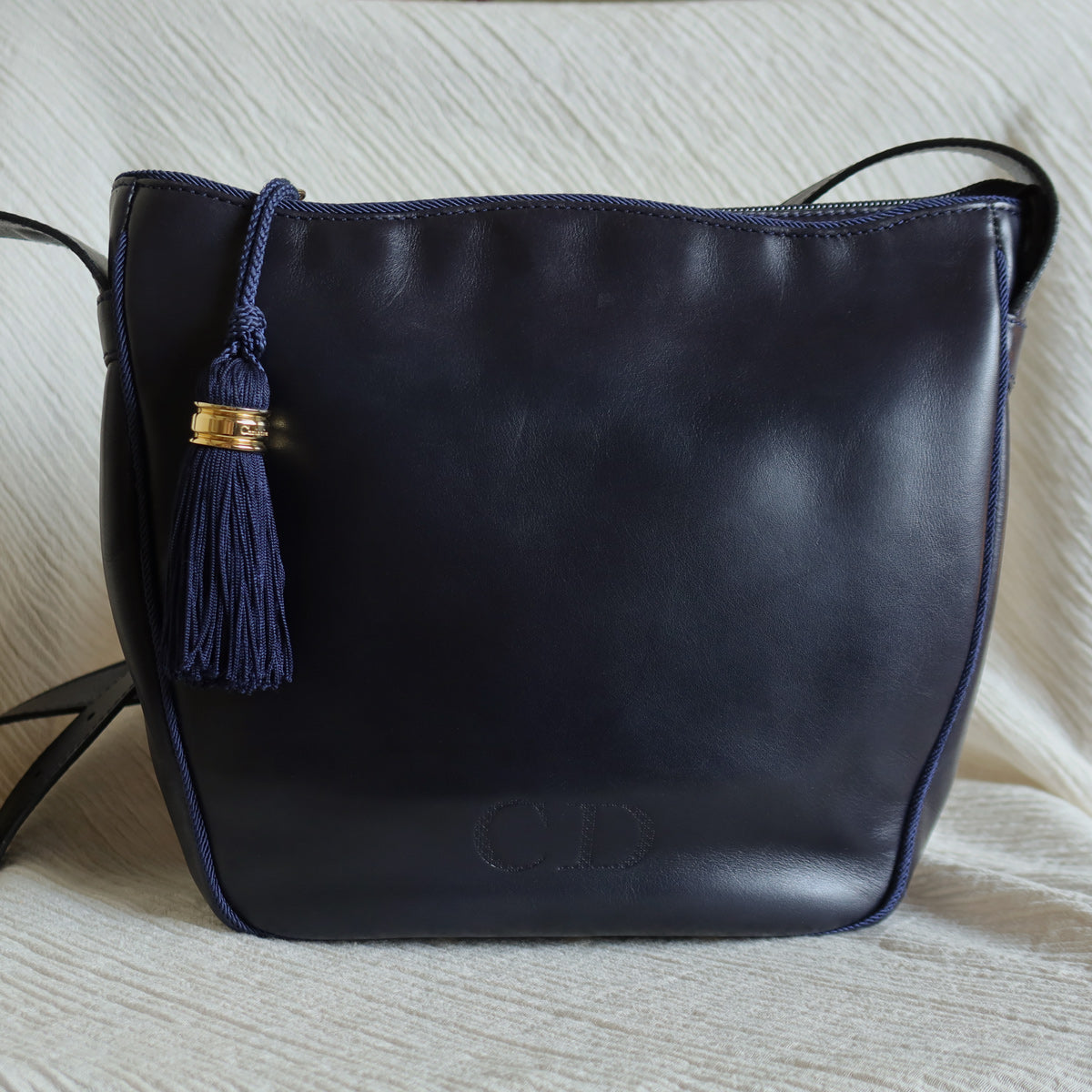 Christian Dior Vintage Navy Fringe Charm CD logo Leather Crossbody Sling Bag