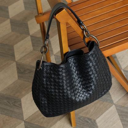 Bottega Veneta Vintage Black Nappa Intrecciato Loop Rings Hobo Shoulder Bag