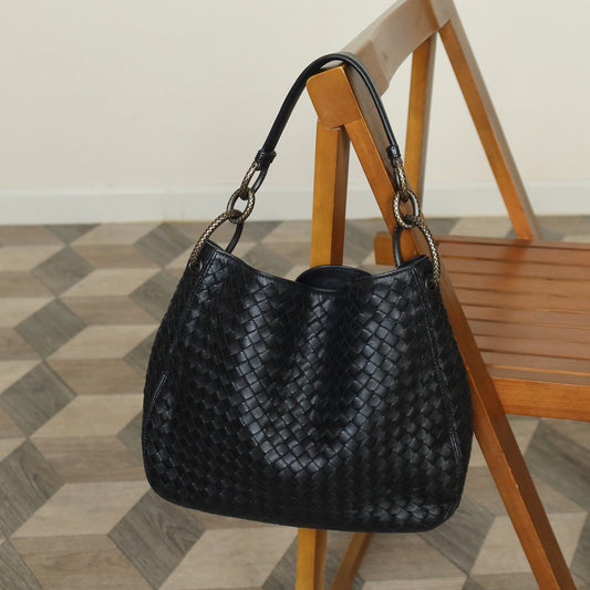 Bottega Veneta Vintage Black Nappa Intrecciato Loop Rings Hobo Shoulder Bag