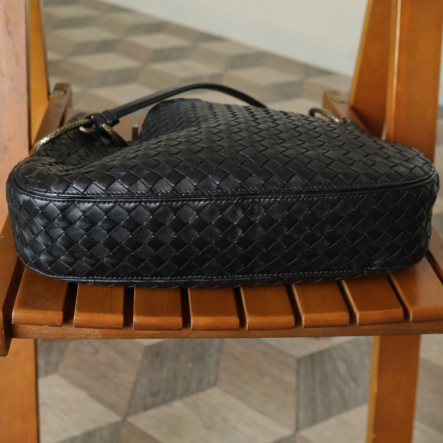 Bottega Veneta Vintage Black Nappa Intrecciato Loop Rings Hobo Shoulder Bag