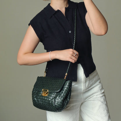 Bottega Veneta Vintage Alpi Green Intrecciato Gold Turn lock Braided Strap Shoulder Crossbody Bag