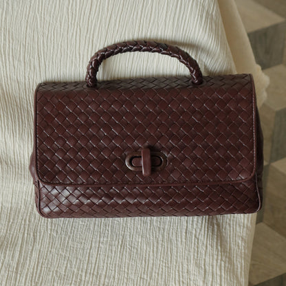 Bottega Veneta Vintage Dark Brown Intrecciato Turn Lock Braided Top Handle Bag