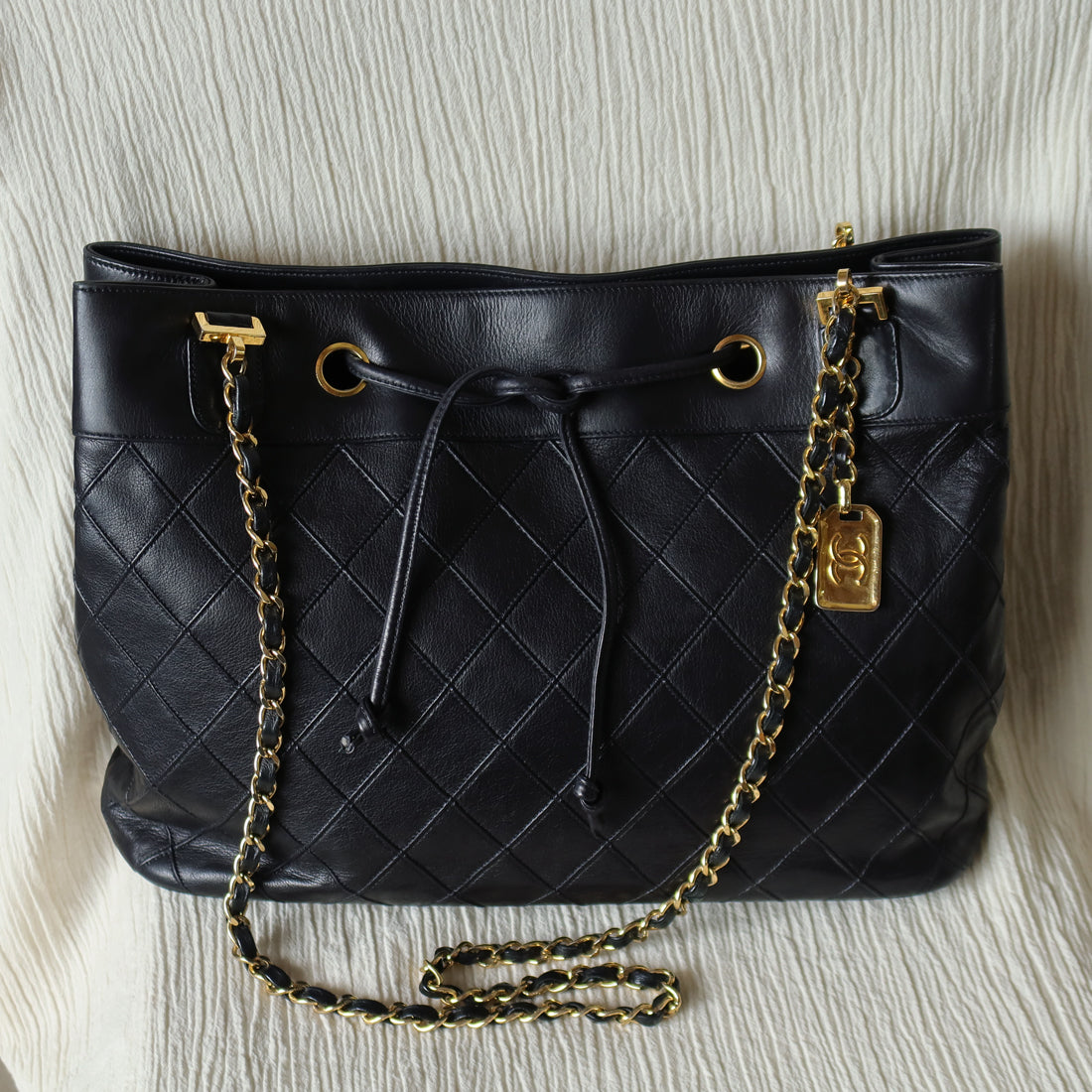 Chanel Vintage Black Calfskin Matelasse Quilted CC Charm Crossbody Shoulder Bag