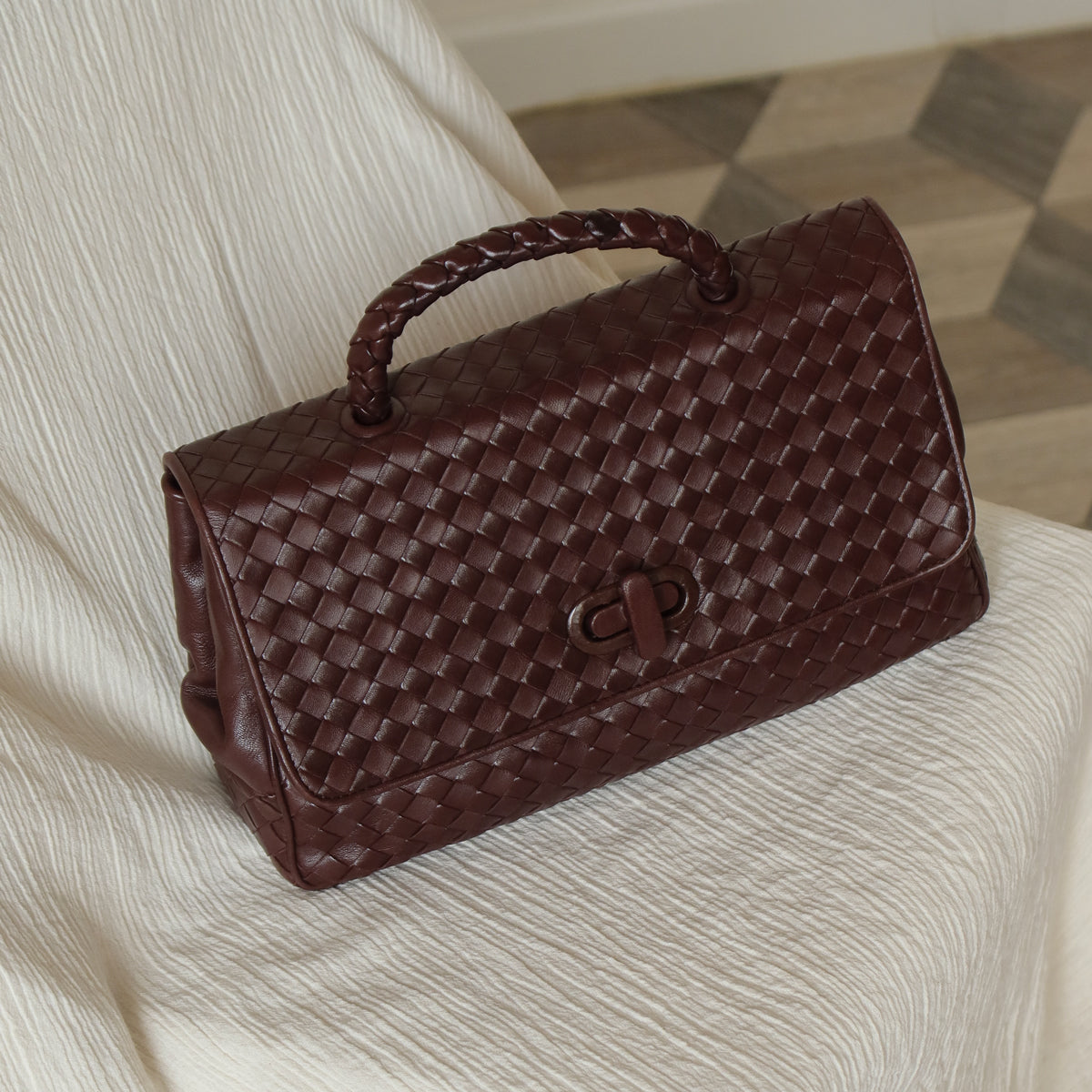 Bottega Veneta Vintage Dark Brown Intrecciato Turn Lock Braided Top Handle Bag