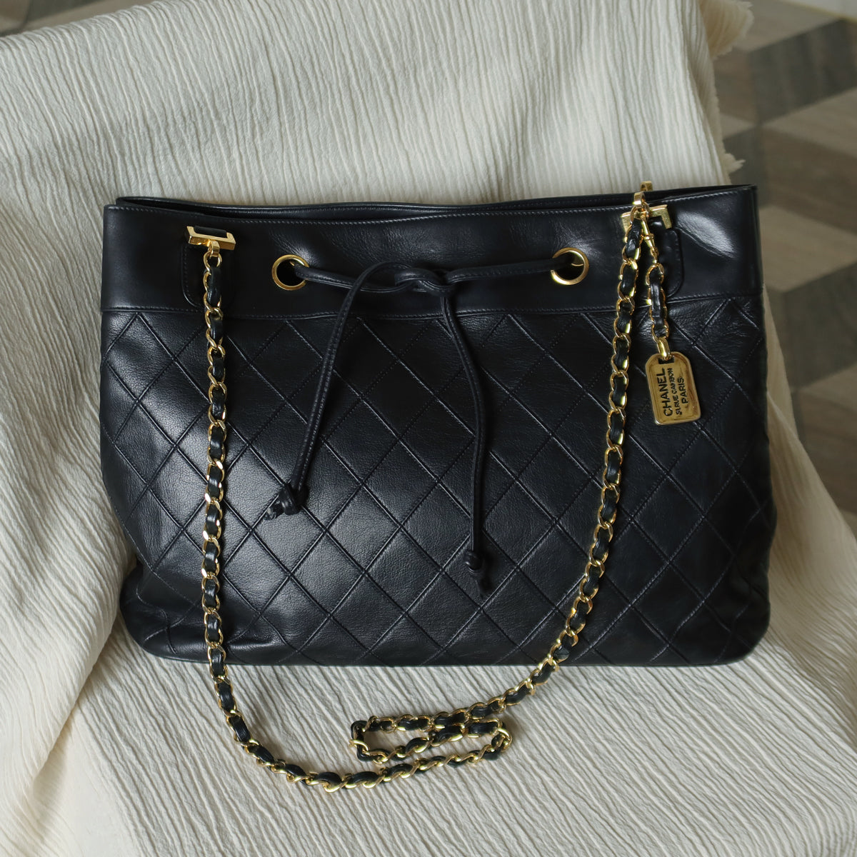Chanel Vintage Black Calfskin Matelasse Quilted CC Charm Crossbody Shoulder Bag