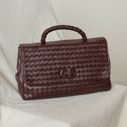 Bottega Veneta Vintage Dark Brown Intrecciato Turn Lock Braided Top Handle Bag