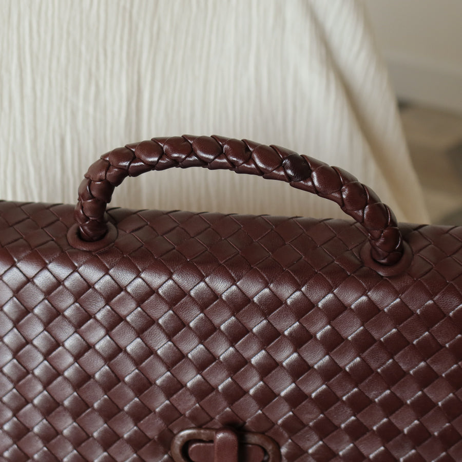 Bottega Veneta Vintage Dark Brown Intrecciato Turn Lock Braided Top Handle Bag
