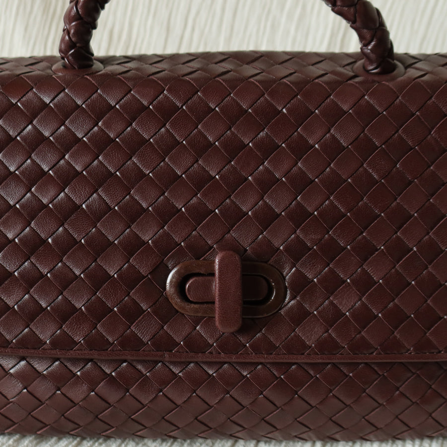 Bottega Veneta Vintage Dark Brown Intrecciato Turn Lock Braided Top Handle Bag