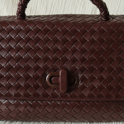 Bottega Veneta Vintage Dark Brown Intrecciato Turn Lock Braided Top Handle Bag