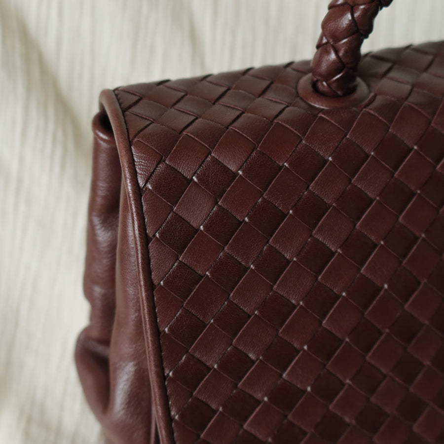 Bottega Veneta Vintage Dark Brown Intrecciato Turn Lock Braided Top Handle Bag