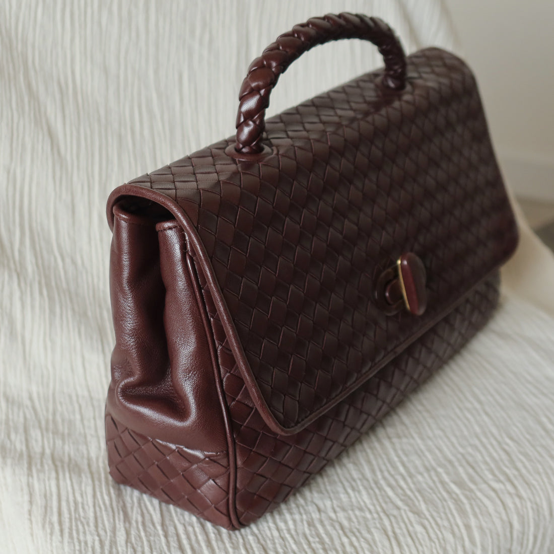Bottega Veneta Vintage Dark Brown Intrecciato Turn Lock Braided Top Handle Bag