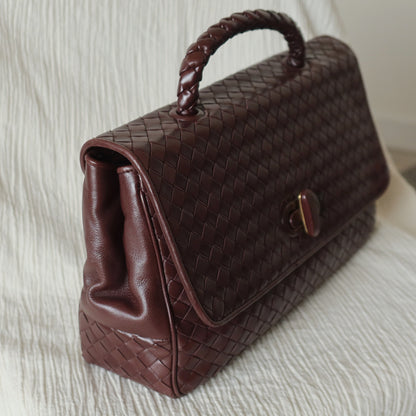 Bottega Veneta Vintage Dark Brown Intrecciato Turn Lock Braided Top Handle Bag