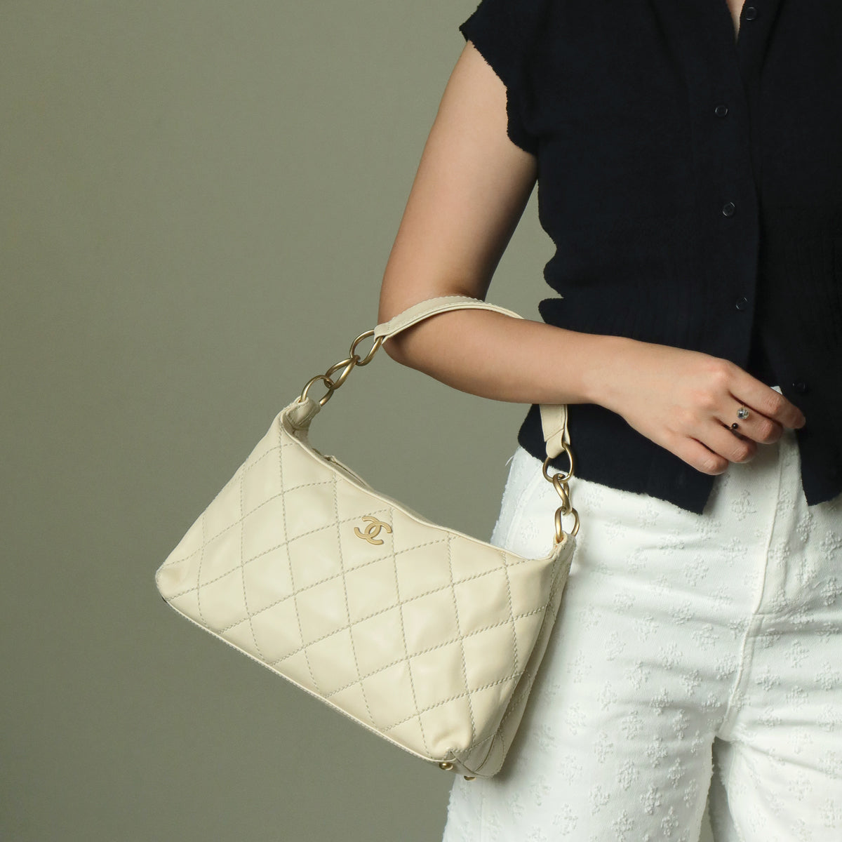 Chanel Vintage Cream Leather Wild Stitch CC mark chain-link Shoulder Bag