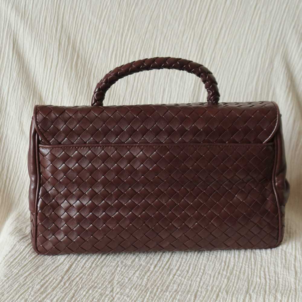 Bottega Veneta Vintage Dark Brown Intrecciato Turn Lock Braided Top Handle Bag
