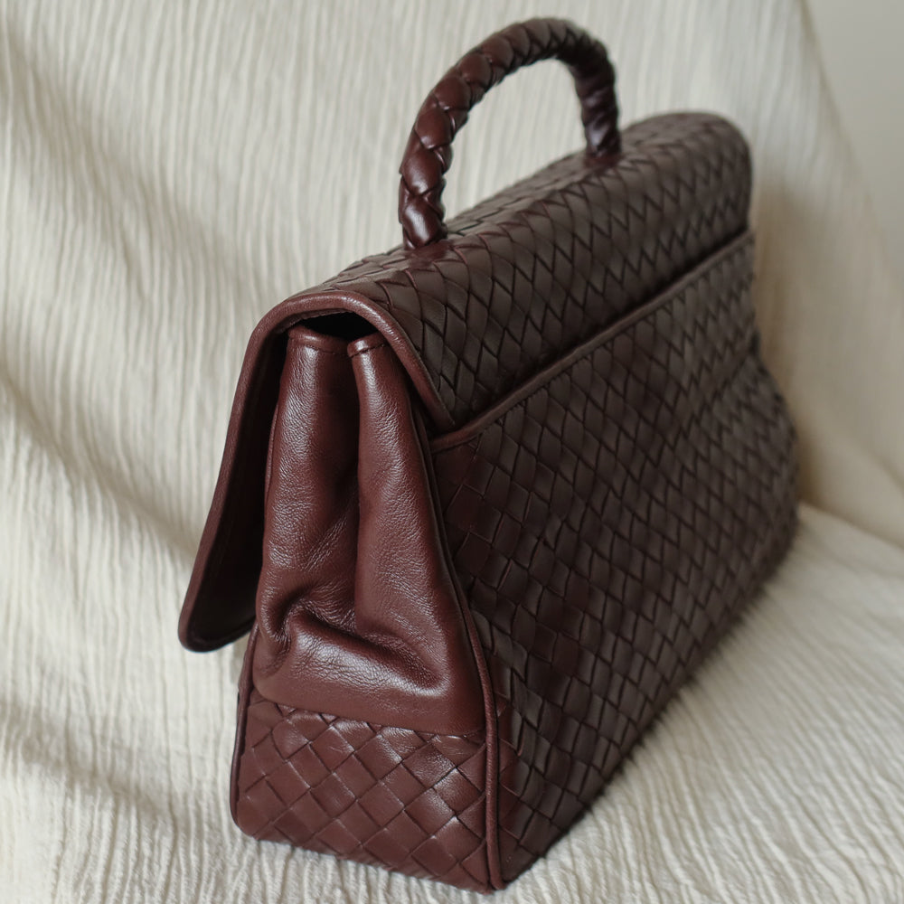 Bottega Veneta Vintage Dark Brown Intrecciato Turn Lock Braided Top Handle Bag