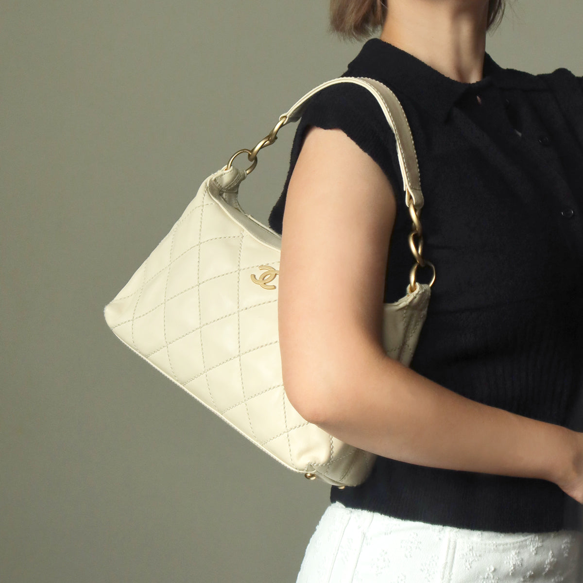 Chanel Vintage Cream Leather Wild Stitch CC mark chain-link Shoulder Bag