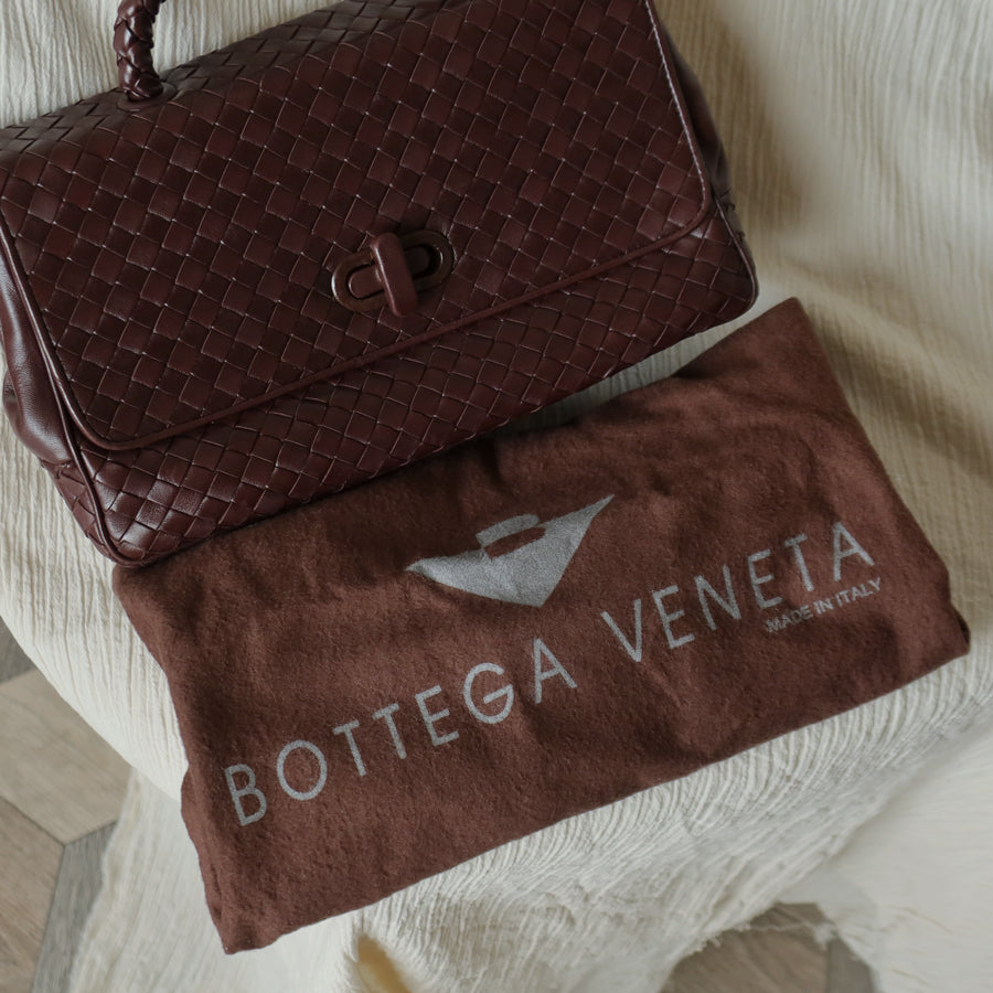 Bottega Veneta Vintage Dark Brown Intrecciato Turn Lock Braided Top Handle Bag