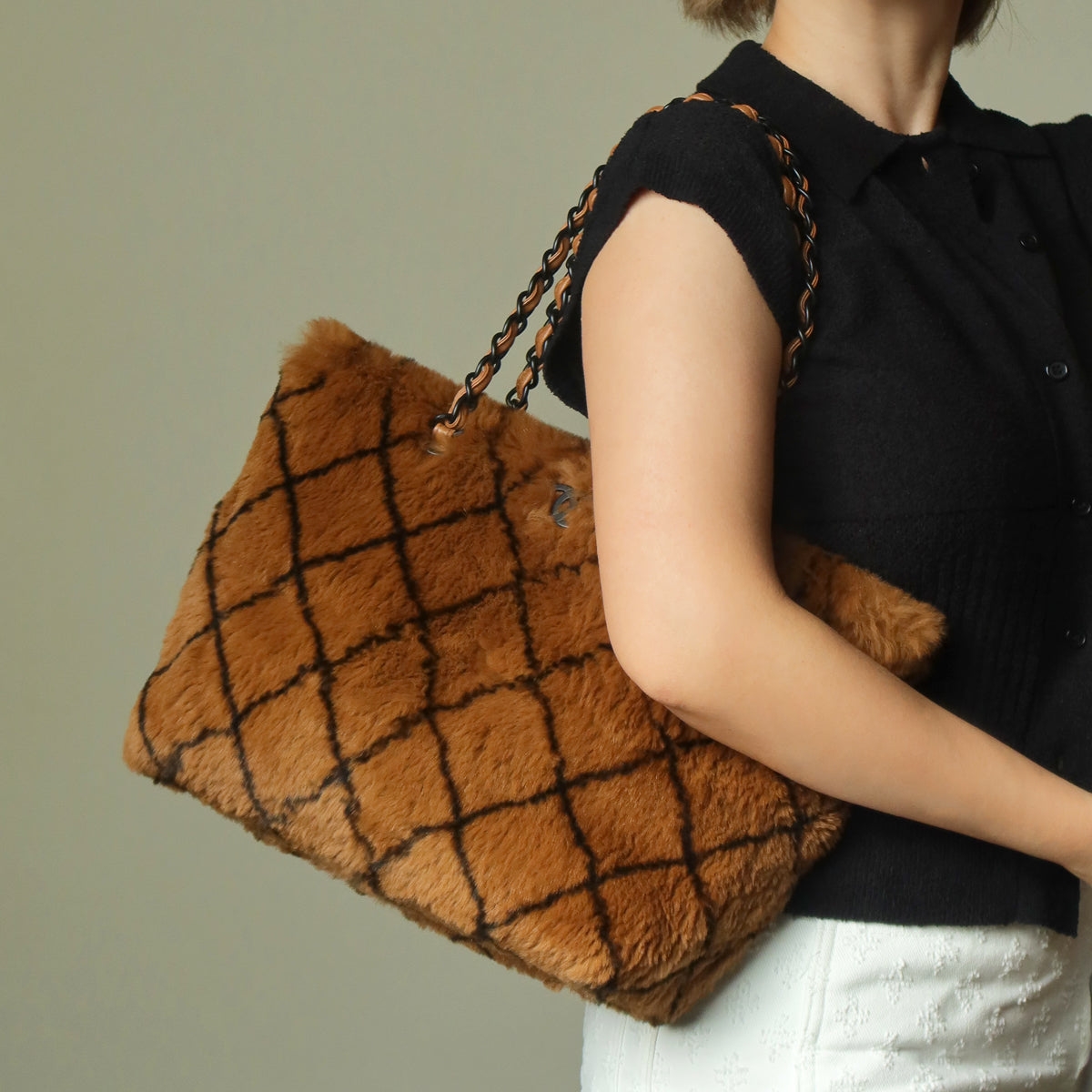 Rare Vintage Chanel Dark Brown Fur Quilted Prints Black Coco mark Shoulder Tote Bag