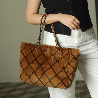 Rare Vintage Chanel Dark Brown Fur Quilted Prints Black Coco mark Shoulder Tote Bag