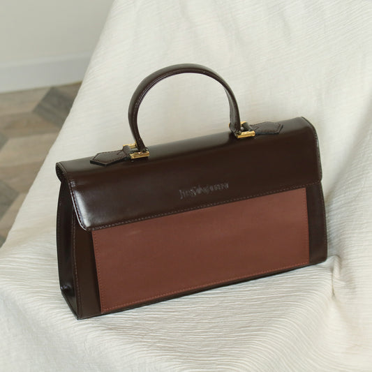 YSL Saint Laurent Vintage Brown Leather Boxy East West 2way Flap Bag