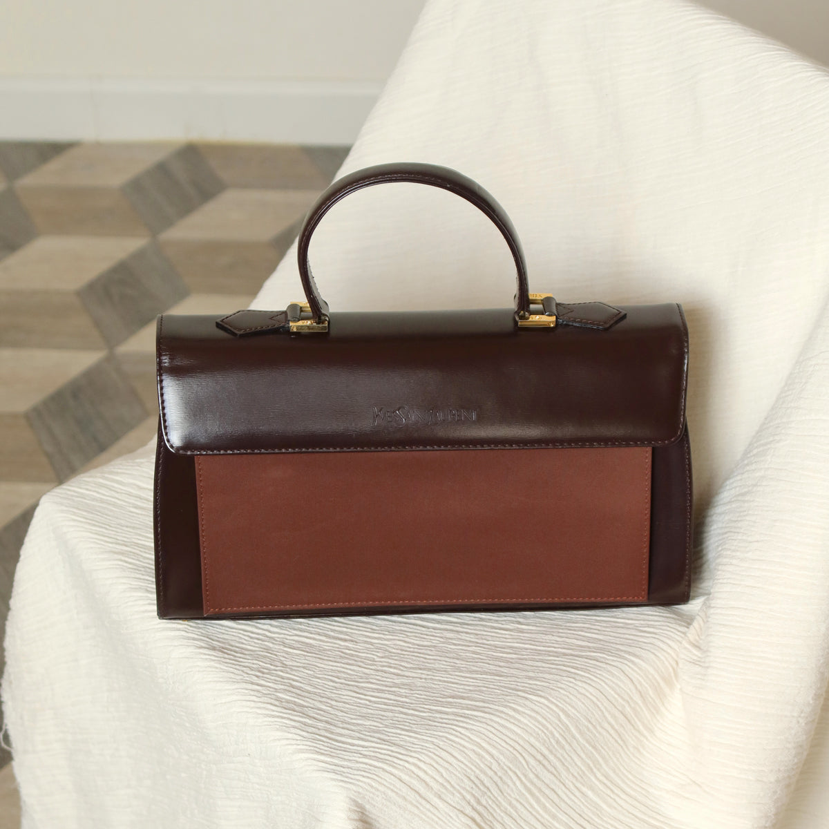 YSL Saint Laurent Vintage Brown Leather Boxy East West 2way Flap Bag