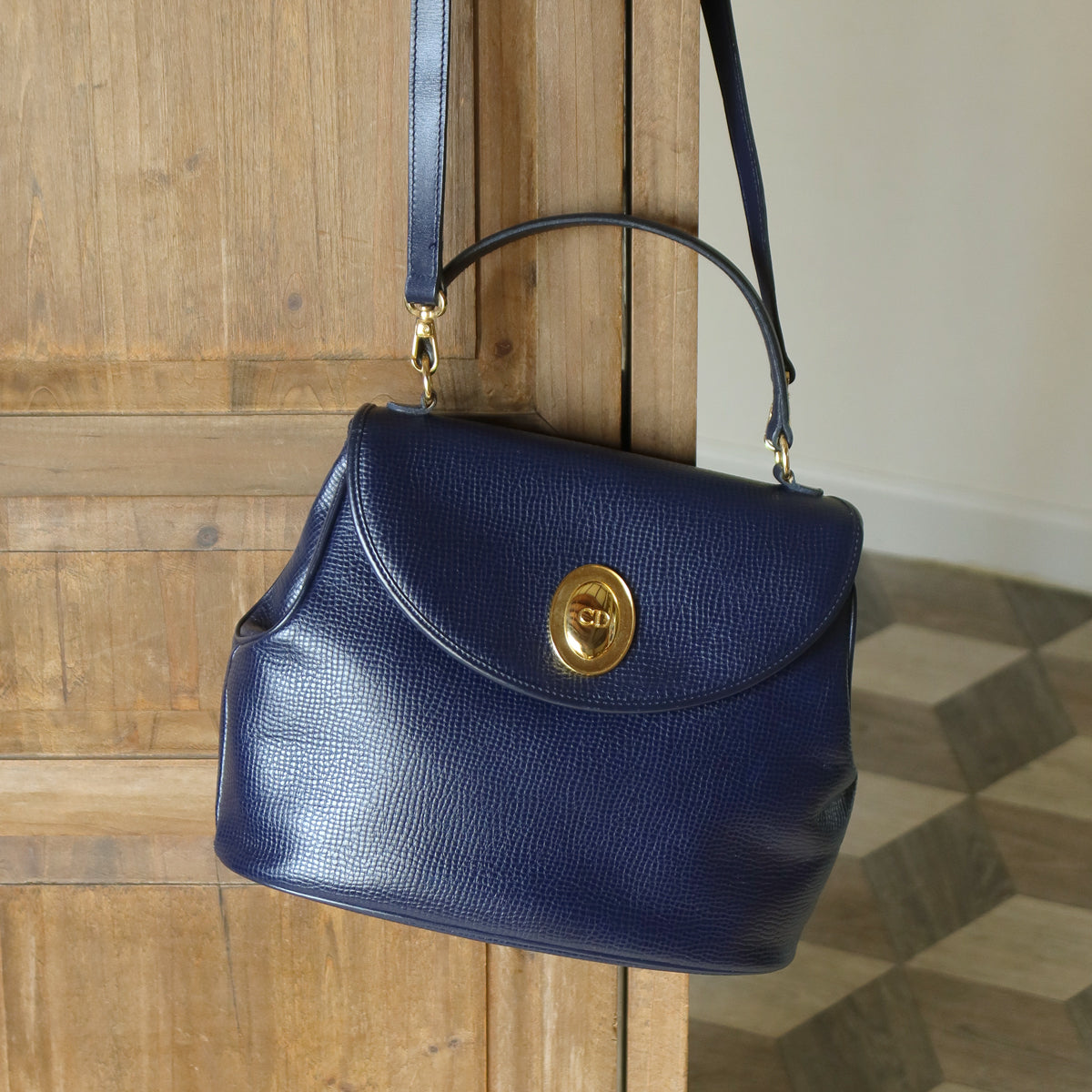 Christian Dior Vintage Dark Navy CD Gold oval medallion 2way Shoulder Flap Bag