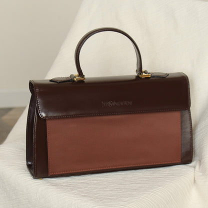 YSL Saint Laurent Vintage Brown Leather Boxy East West 2way Flap Bag