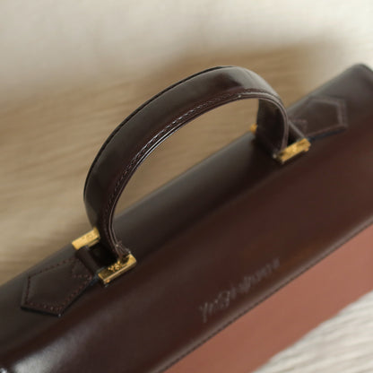 YSL Saint Laurent Vintage Brown Leather Boxy East West 2way Flap Bag
