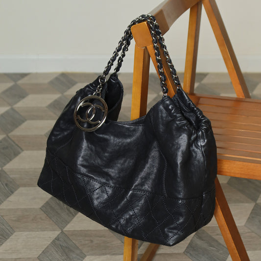 Chanel Vintage Diamond Stitching Coco charm Cabas Black Hobo Shoulder Bag