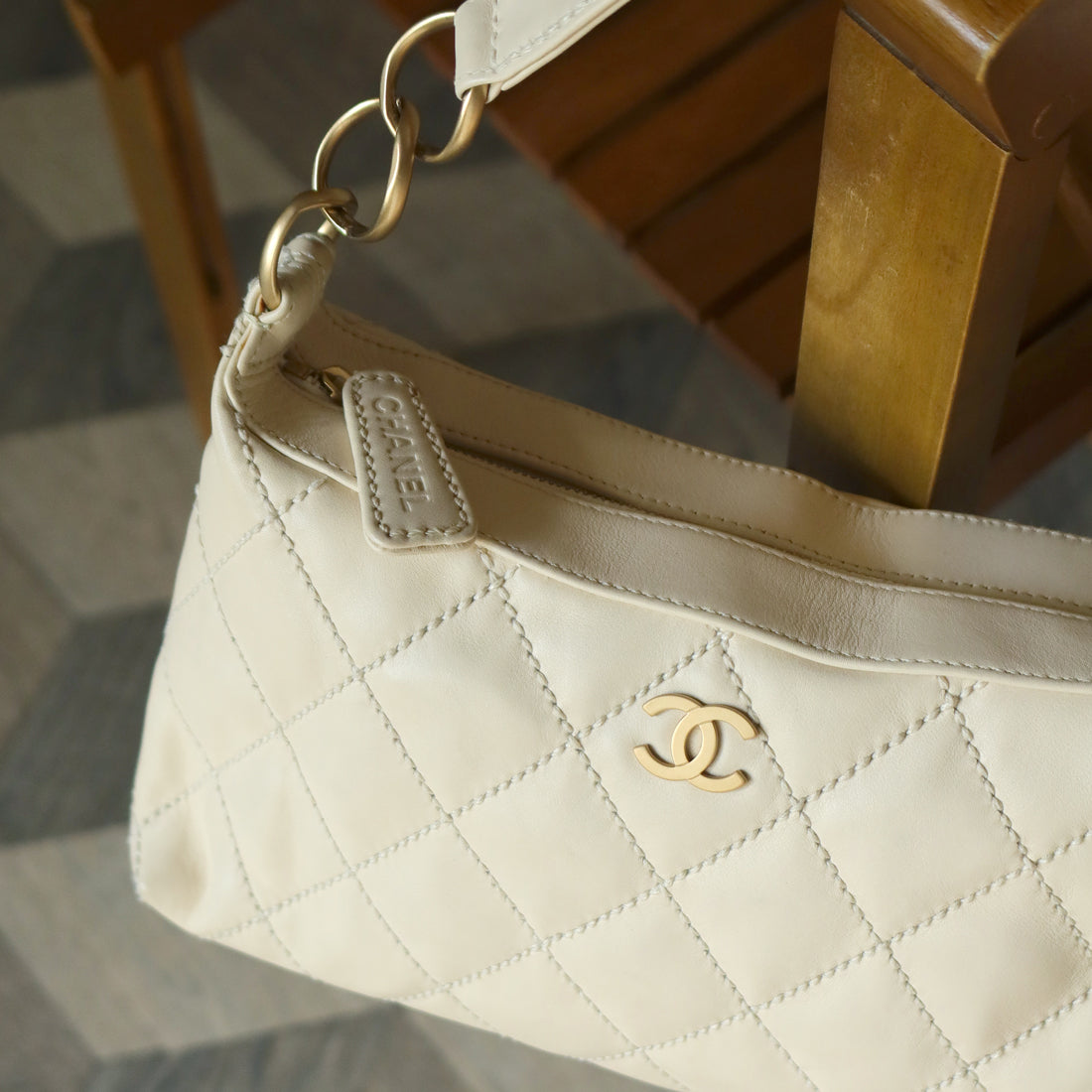 Chanel Vintage Cream Leather Wild Stitch CC mark chain-link Shoulder Bag