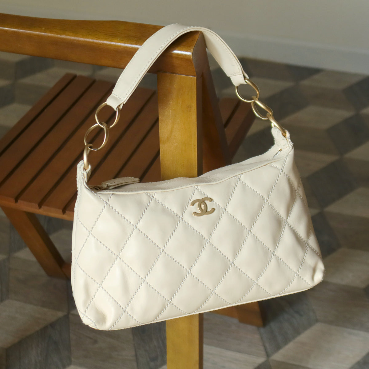 Chanel Vintage Cream Leather Wild Stitch CC mark chain-link Shoulder Bag