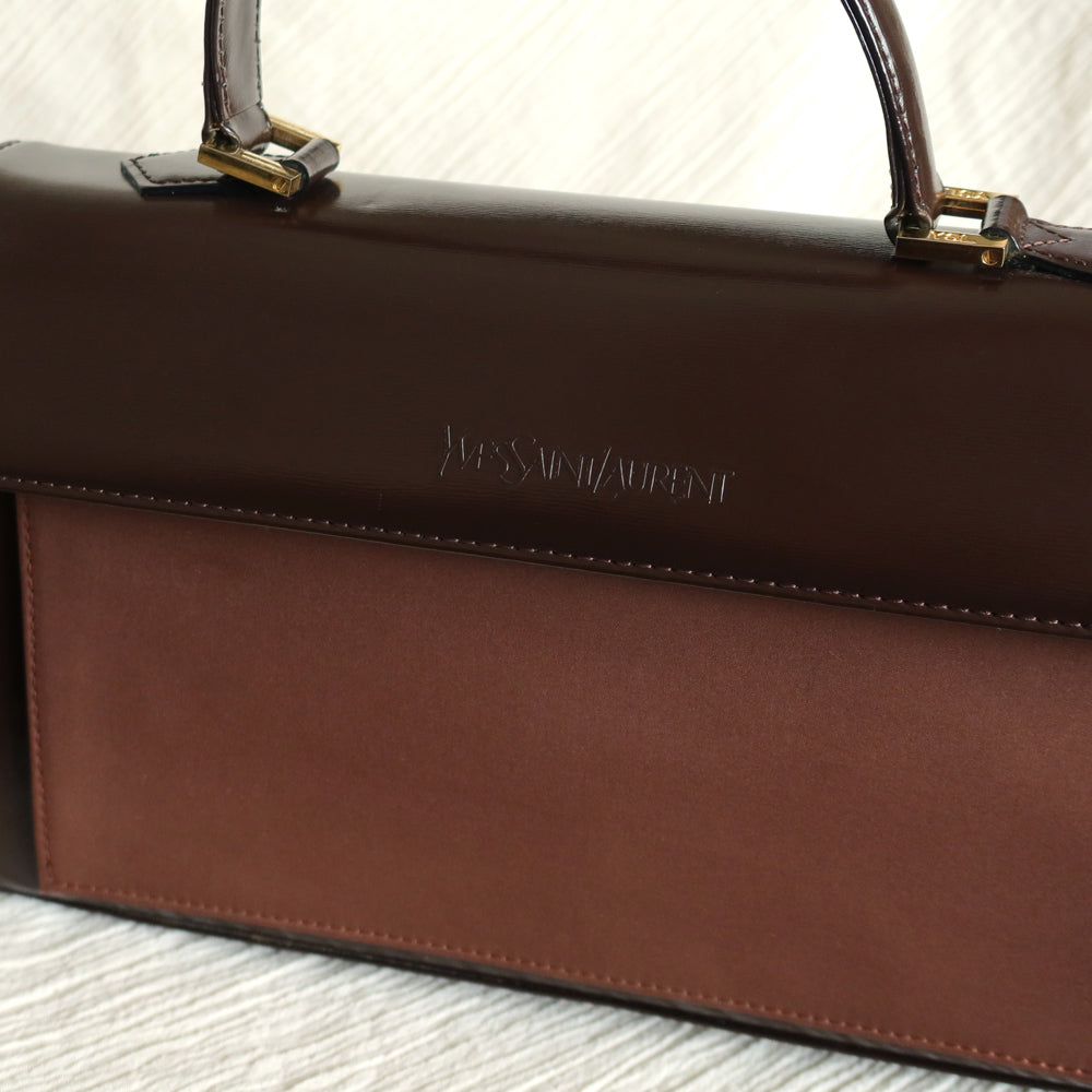 YSL Saint Laurent Vintage Brown Leather Boxy East West 2way Flap Bag