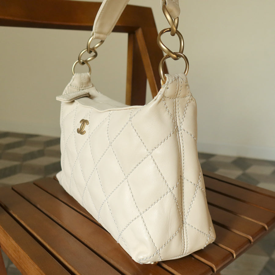 Chanel Vintage Cream Leather Wild Stitch CC mark chain-link Shoulder Bag