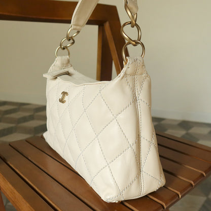 Chanel Vintage Cream Leather Wild Stitch CC mark chain-link Shoulder Bag