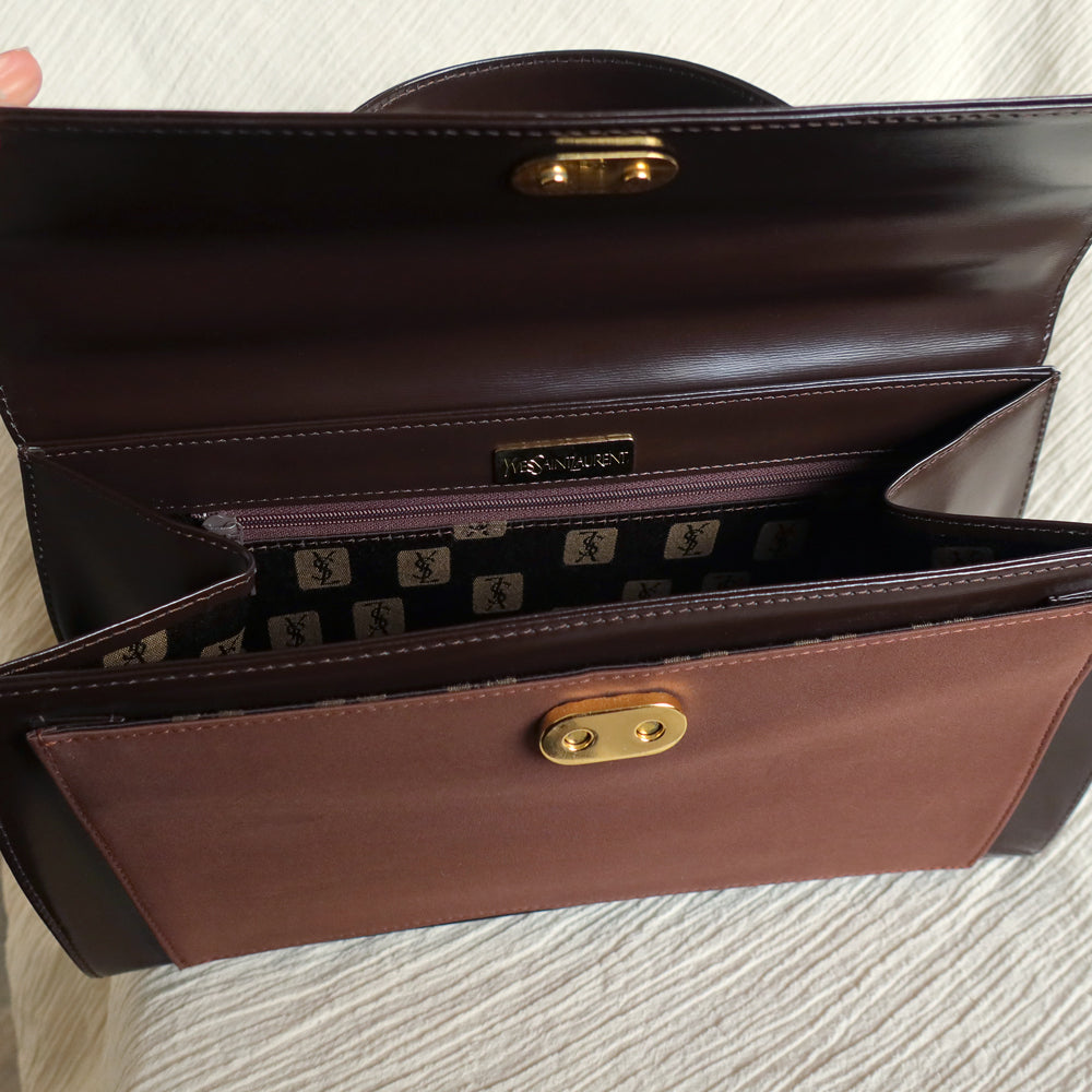 YSL Saint Laurent Vintage Brown Leather Boxy East West 2way Flap Bag