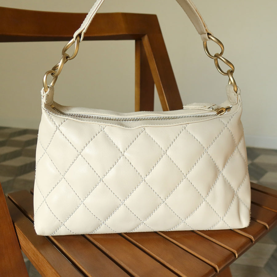 Chanel Vintage Cream Leather Wild Stitch CC mark chain-link Shoulder Bag