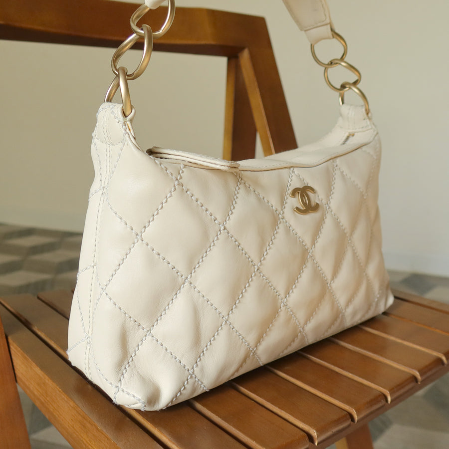 Chanel Vintage Cream Leather Wild Stitch CC mark chain-link Shoulder Bag
