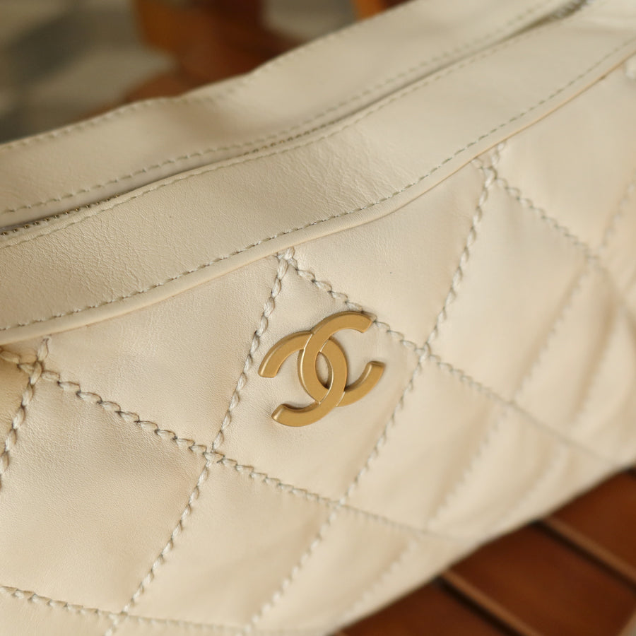 Chanel Vintage Cream Leather Wild Stitch CC mark chain-link Shoulder Bag