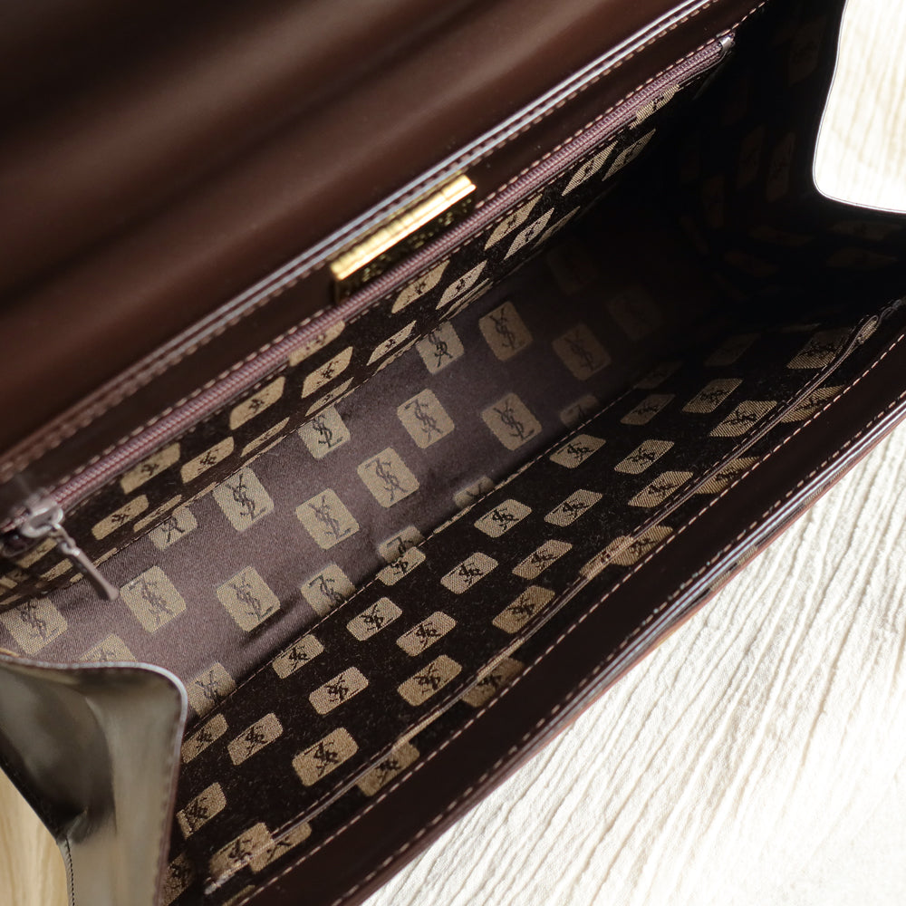YSL Saint Laurent Vintage Brown Leather Boxy East West 2way Flap Bag