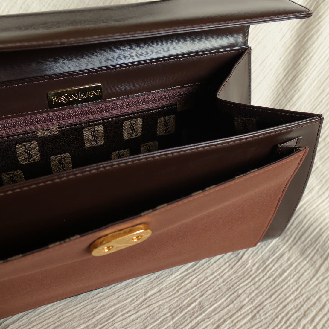 YSL Saint Laurent Vintage Brown Leather Boxy East West 2way Flap Bag