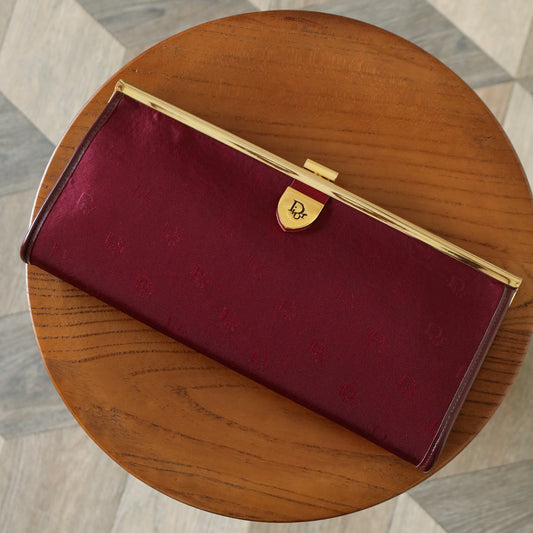Christian Dior Vintage Dark Maroon Burgundy Monogram Kiss lock Clutch Bag