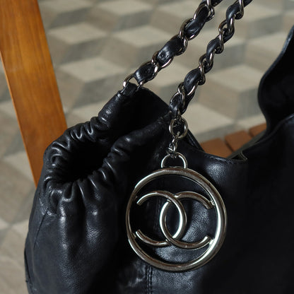 Chanel Vintage Diamond Stitching Coco charm Cabas Black Hobo Shoulder Bag