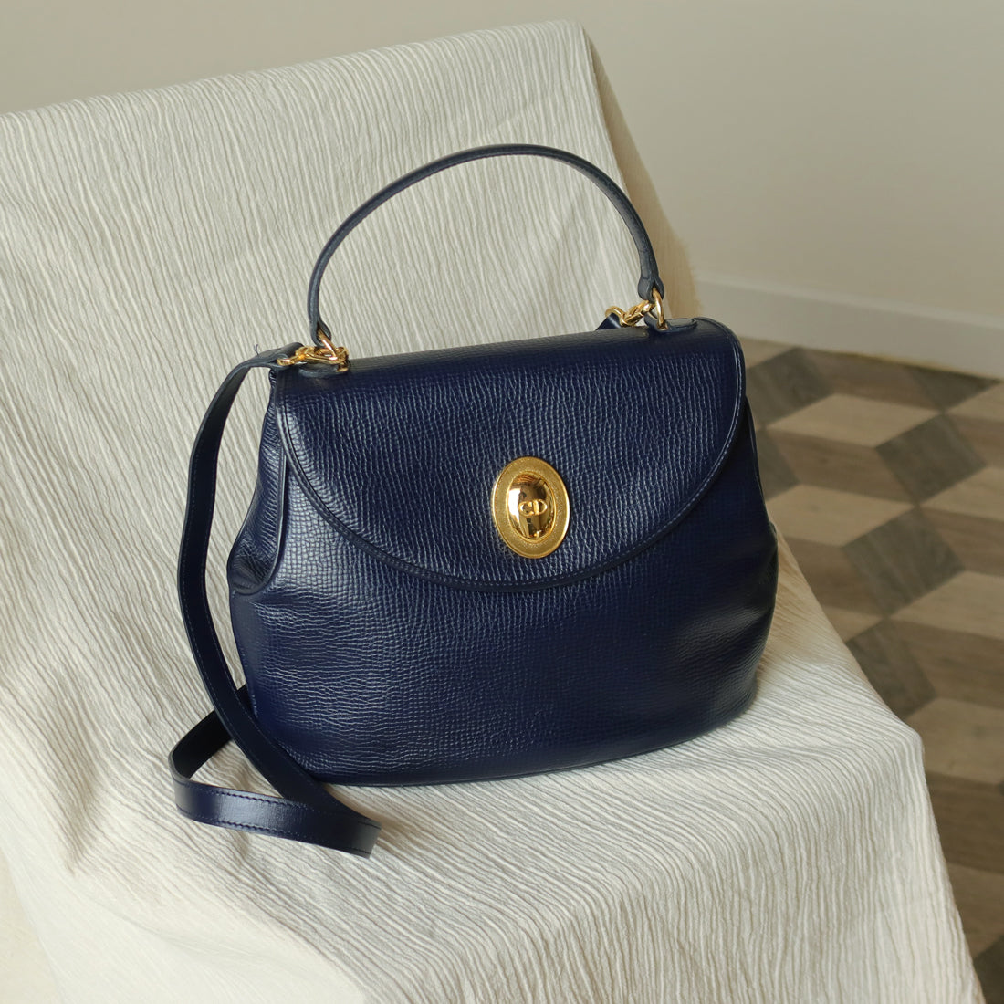 Christian Dior Vintage Dark Navy CD Gold oval medallion 2way Shoulder Flap Bag